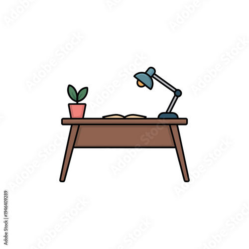 A cozy study desk setup with a lamp, open book, and plant