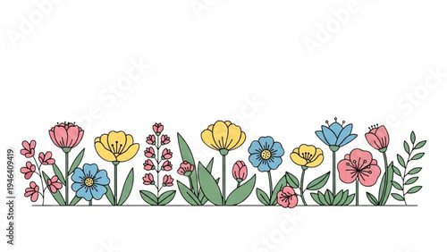 Colorful flowers bloom in a vibrant garden scene with green leaves and stems