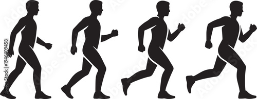 Silhouette sequence of man running in progressive motion isolated on transparent background