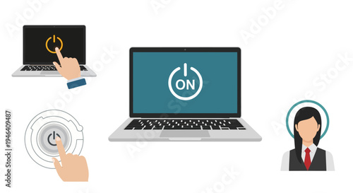 Laptop Power On Icons with Hand Pressing Power Button and Laptop Screen Displaying "ON" with Businesswoman Avatar on Isolated White Background.