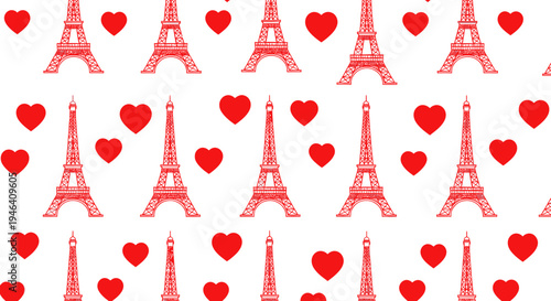 Paris Eiffel Tower and Hearts Seamless Pattern