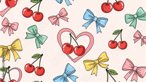 Colorful bows and cherries arranged on a heart pattern