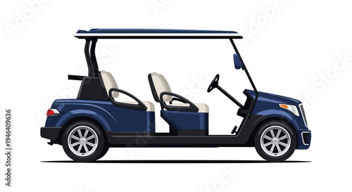 Modern Navy Blue Golf Cart with Two Seats and White Interior, Isolated