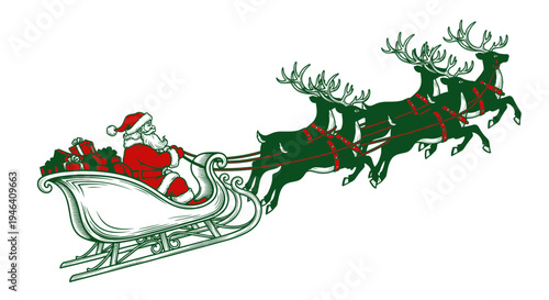 Santa Claus and Reindeer Sleigh Flying with Gifts, Christmas Illustration