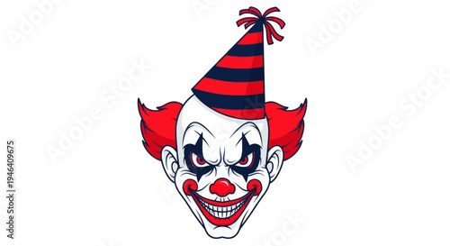 Scary Clown Face with Red and Blue Hat, Halloween Costume, Horror Character