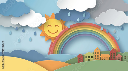 Whimsical paper-cut style illustration of a cheerful sun, rainbow, and rain over a quaint village nestled in rolling hills