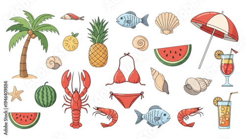 Beach scene with assorted summer items and seafood on display