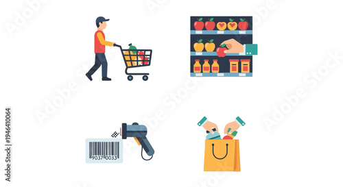 Grocery Shopping Process with Person, Cart, Shelves, Barcode Scanning, and Bag, Isolated White Background