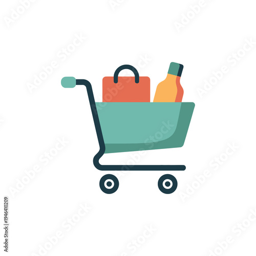 A shopping cart with bag and bottle on a white background