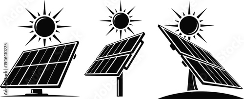 Black silhouette vector illustration of solar panel systems under the sun, renewable energy design, sustainable electricity generation orientation scene