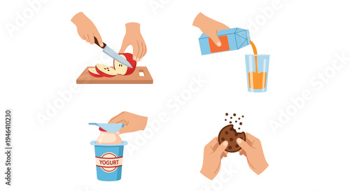 Hands Preparing Healthy Snacks with Sliced Apple, Yogurt, Orange Juice, and Cookie on Isolated White Background