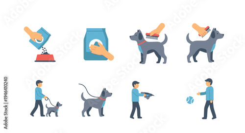 Set of Dog Care Activities Including Feeding, Grooming, Walking, and Playing with Owner on Isolated White Background