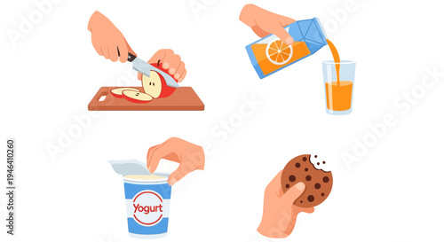 Hands Preparing Healthy Snacks with Sliced Apple, Yogurt, Orange Juice, and Cookie on Isolated White Background