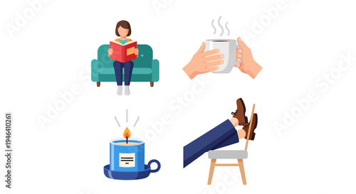 Relaxing Home Lifestyle Set with Woman Reading on Sofa, Hand Holding Hot Drink, Hand Lighting Candle, and Man Resting with Feet Up on Isolated White Background.