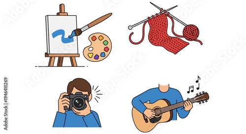 Artistic and Relaxing Hobbies Collection with Easel Painting, Knitting, Photography, and Man Playing Guitar on Isolated White Background.