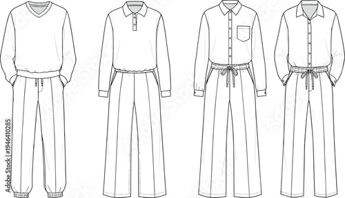 Vector illustration of fashionable clothing including dress shirt suit and jacket worn by stylish people in a simple sketch cartoon style