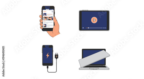 Digital devices set with hand holding smartphone, tablet playing video, phone charging, and laptop with broken screen, technology on isolated white background.