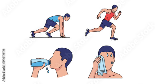 Dynamic man exercising, in sprint start, running, drinking water, and wiping sweat, fitness and recovery actions on isolated white background.