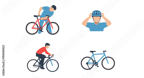 Cyclist riding bicycle, man putting on helmet, and bike transport set on isolated white background.