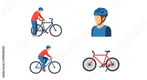 Cyclist riding bicycle, man with bike, and person putting on helmet, cycling and bike transport elements on isolated white background.