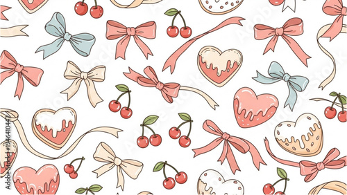 An illustration of sweet treats and bows with hearts cherries and ribbons on a white background.