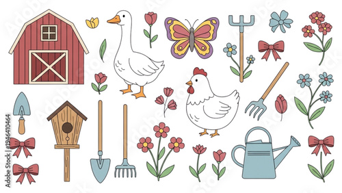 Farmers decorate a garden with chickens and tools nearby flowers.