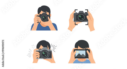 Photographer hands holding camera, adjusting lens, and taking photos, set of photographic actions on isolated white background.