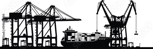 Black silhouette vector illustration of shipping port with cargo ship, container cranes, maritime logistics, global commerce, industrial trade transportation scene