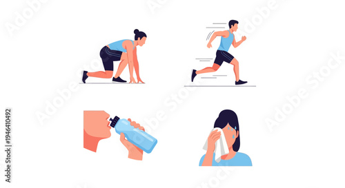 Dynamic people exercising, woman in sprint start, man running, person drinking water, and woman wiping sweat, fitness and recovery actions on isolated white background.