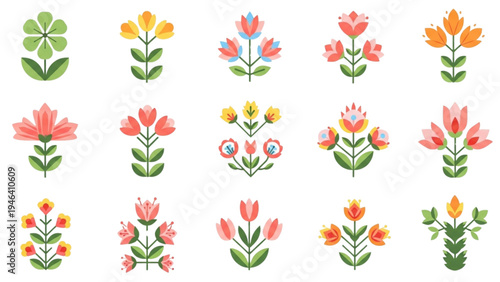 Colorful flowers and plants are arranged in rows on a white background
