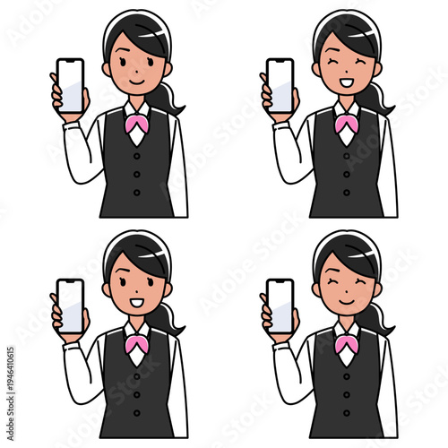 笑顔でスマホを見せる制服の外国人女性のイラスト