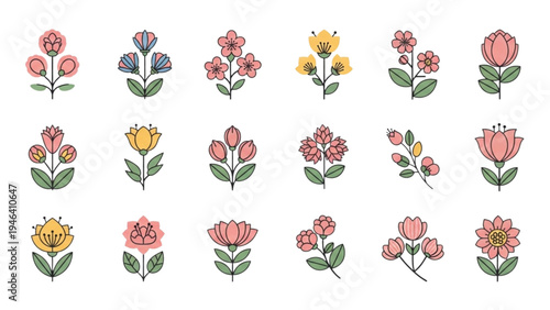 Vibrant flowers bloom in a lush garden with various colorful illustrations of plants