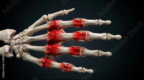 Close up of a human hand skeleton showing inflamed joints indicative of arthritis and joint pain