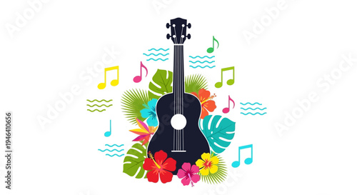 Black Ukulele with Colorful Flowers.