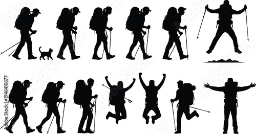 Black silhouette vector set of hikers with backpacks and trekking poles in various poses, celebrating mountain adventure, outdoor travel, and exploration