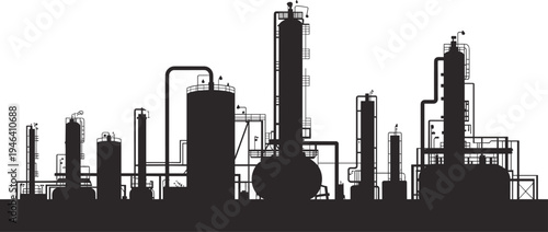 Black and white industrial factory with tall cylindrical tanks and interconnected pipes silhouette
