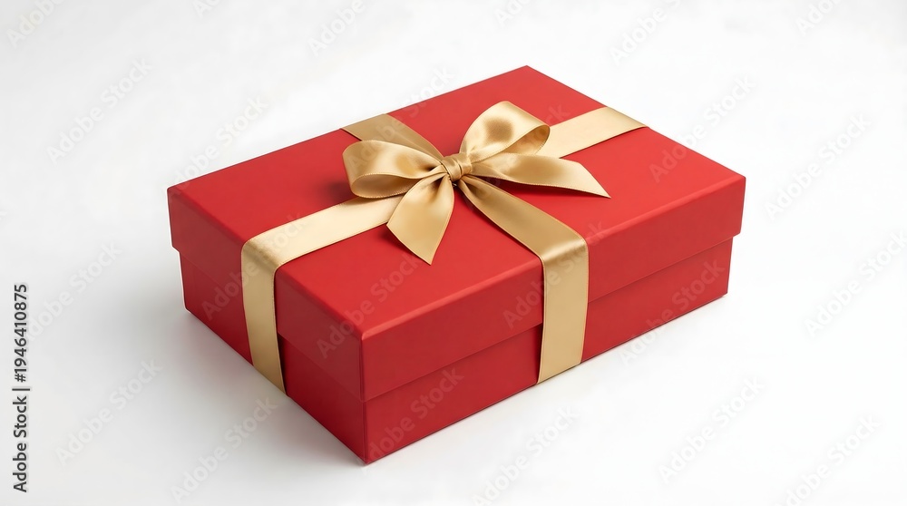 Fototapeta premium A red gift box adorned with a gold ribbon and bow, elegantly presented on a plain surface for special occasions.