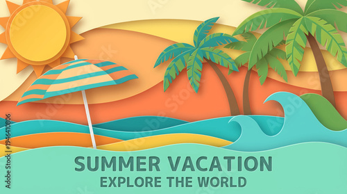 Paper illustration of a sunny beach scene with palm trees, waves, and a beach umbrella, perfect for summer vacation and travel promotions