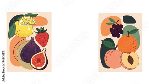 Vibrant illustrations of fresh fruit arrangements on display indoors