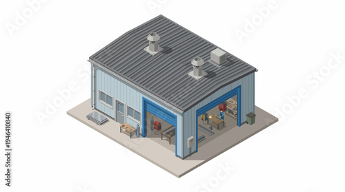 Isometric illustration of a workshop with open doors, tools, and a vehicle inside