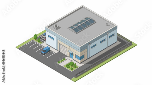 Isometric industrial warehouse building with a van parked outside, featuring a modern design with solar panels on the roof and surrounding landscaping