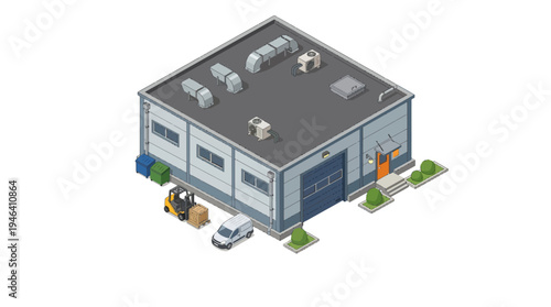 Isometric warehouse building with loading dock and delivery vehicle