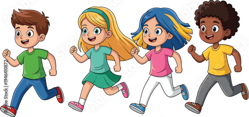 Cartoon vector illustration of diverse children running happily side by side showing playful activity childhood energy friendship outdoor fun design