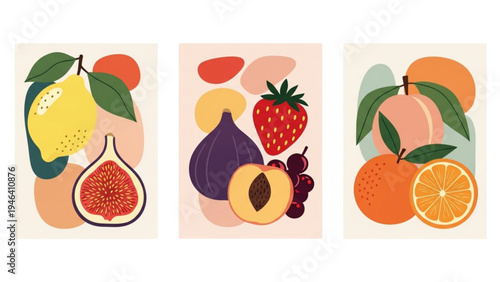 Vibrant still life illustrations showcase various fruits in minimalistic settings.