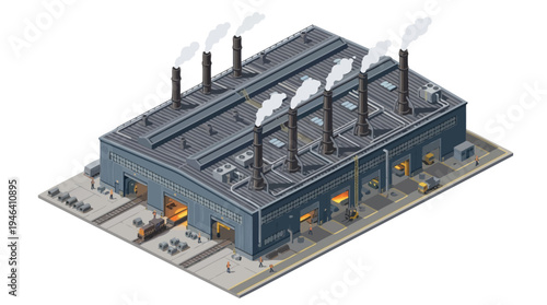 Isometric View of a Large Industrial Factory Building with Smokestacks Emitting Smoke, Representing Manufacturing and Production