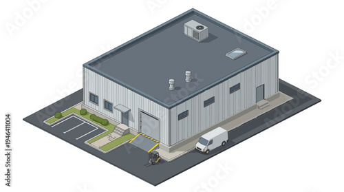 Isometric 3D rendering of a commercial warehouse with a loading dock and delivery van outside, illustrating logistics and distribution operations