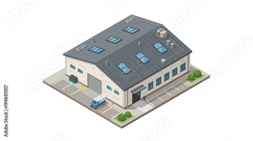 Isometric illustration of a modern industrial warehouse building with a delivery van parked outside, perfect for logistics and supply chain concepts