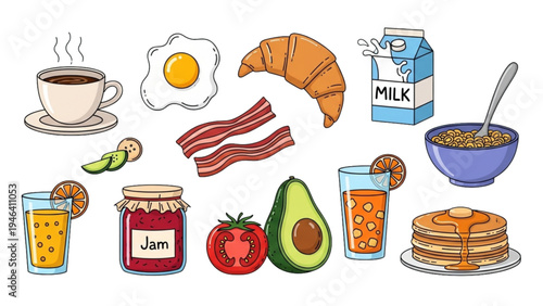 Breakfast scene with various food items on a table indoors morning