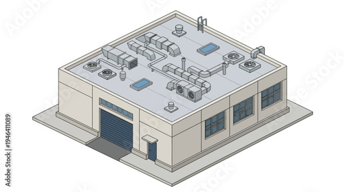 Isometric view of a modern industrial building with multiple air conditioning units and vents on the rooftop
