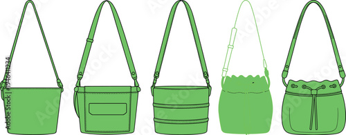 Five Different Styles of Green Handbags with Straps Displayed in a Row fashion